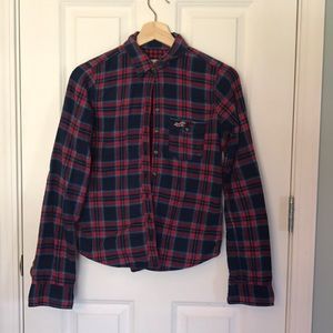 plaid, button-down, long sleeved Hollister top